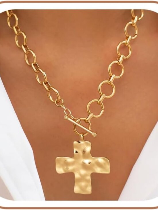 Jewelry - Gold Hammered Cross Pendant Toggle Necklace - Women Jewelry